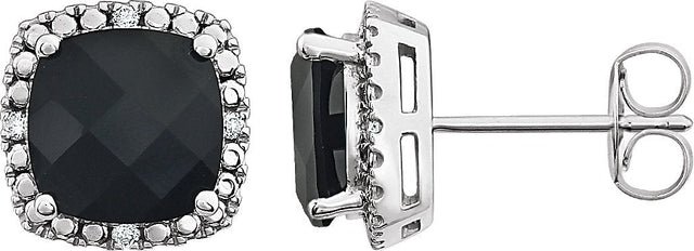 14K Gold Natural Black Onyx & Natural Diamond Cushion 4-Prong Halo-Style Earrings