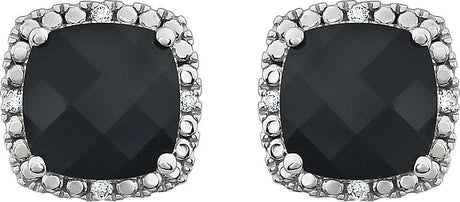 14K Gold Natural Black Onyx & Natural Diamond Cushion 4-Prong Halo-Style Earrings - view 2