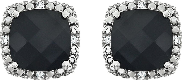 14K Gold Natural Black Onyx & Natural Diamond Cushion 4-Prong Halo-Style Earrings - view 2