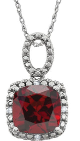 14K Gold Cushion Natural Mozambique Garnet & Natural Diamond Halo-Style Necklace