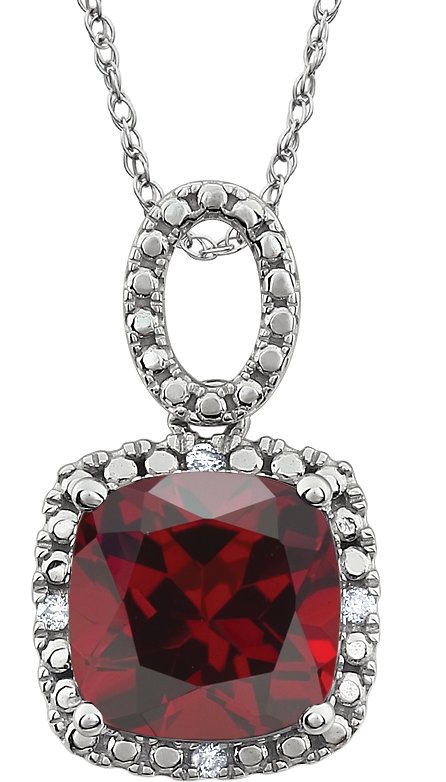 14K Gold Cushion Natural Mozambique Garnet & Natural Diamond Halo-Style Necklace