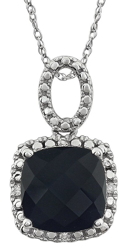 14K Gold Cushion Natural Black Onyx & Natural Diamond Halo-Style Necklace