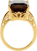 14K Gold Emerald Natural Smoky Quartz Scroll Setting Solitaire Ring - view 2