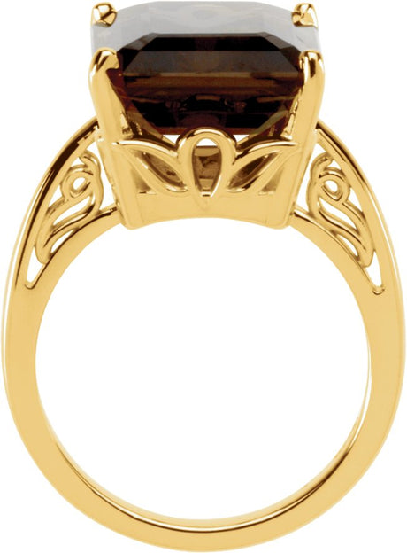 14K Gold Emerald Natural Smoky Quartz Scroll Setting Solitaire Ring - view 2