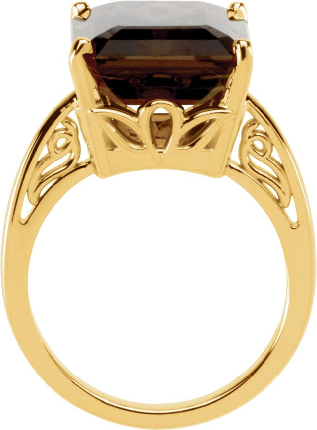 14K Gold Emerald Natural Smoky Quartz Scroll Setting Solitaire Ring - view 2