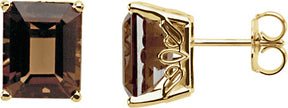 14K Gold Natural Smoky Quartz Emerald 4-Prong Scroll Setting Stud Earrings