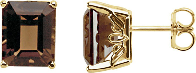 14K Gold Natural Smoky Quartz Emerald 4-Prong Scroll Setting Stud Earrings
