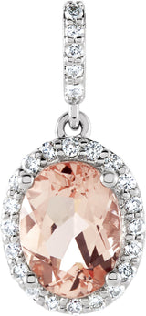 14K Gold Oval Natural Pink Morganite & Natural Diamond Halo-Style Pendant - White Gold