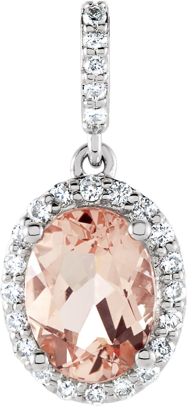 14K Gold Oval Natural Pink Morganite & Natural Diamond Halo-Style Pendant - White Gold