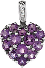 14K Gold Round Natural Amethyst & Natural Diamond Cluster Heart Pendant