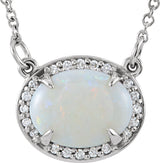 14K Gold Oval Natural White Opal & Natural Diamond Halo-Style Necklace - White Gold