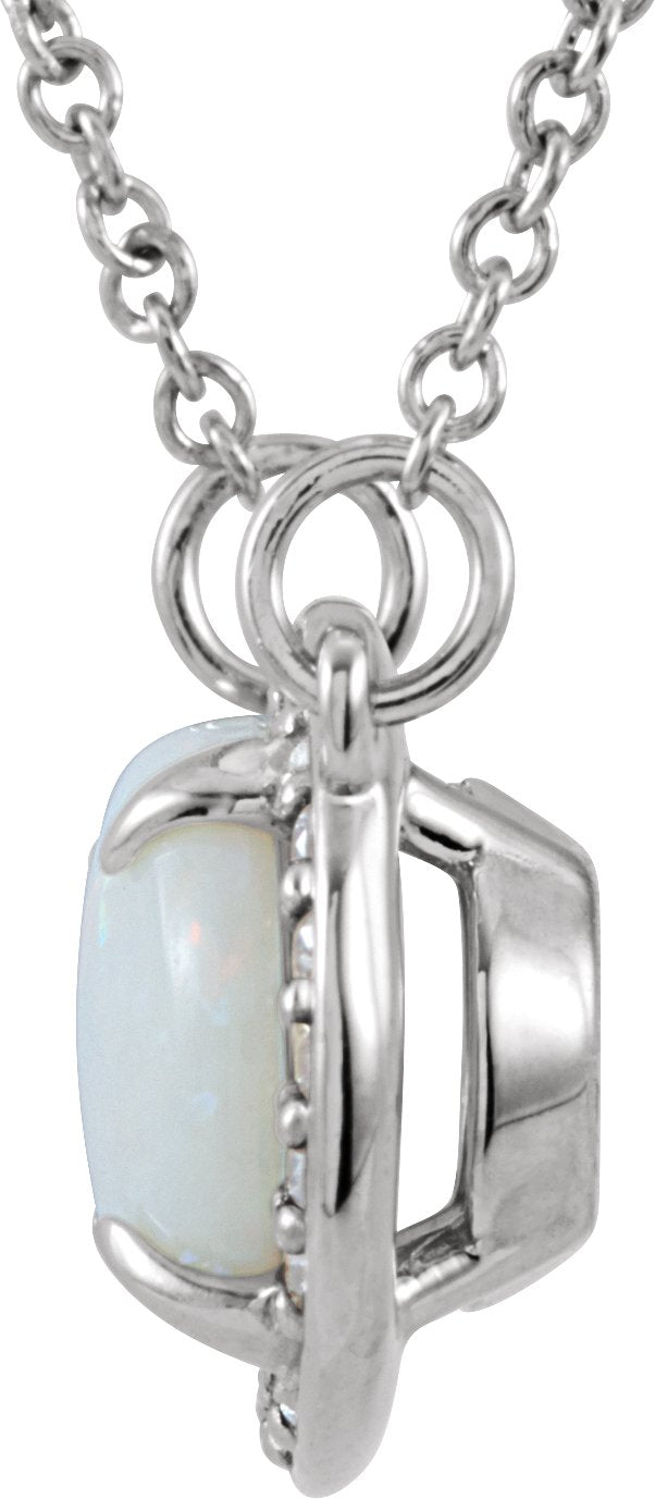 14K Gold Oval Natural White Opal & Natural Diamond Halo-Style Necklace - White Gold - view 2