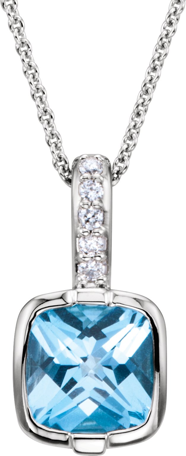 14K Gold Cushion Natural Swiss Blue Topaz & Natural Diamond Accented Necklace – 0.05 CTW