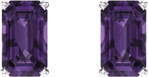 14K Gold Natural Amethyst Emerald 4-Prong Scroll Setting Stud Earrings - White Gold - view 2