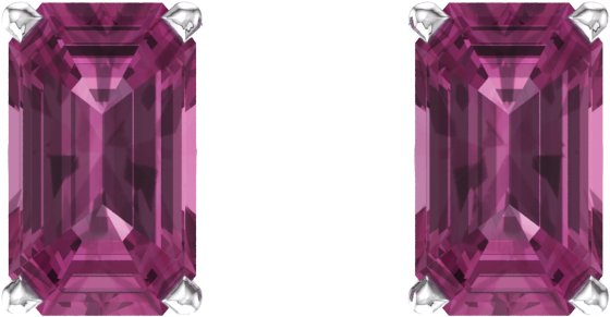 14K Gold Natural Pink Tourmaline Emerald 4-Prong Scroll Setting Stud Earrings - White Gold - view 2
