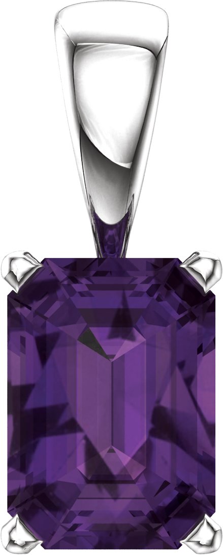 14K Gold Natural Amethyst Emerald Scroll Setting Pendant - White Gold