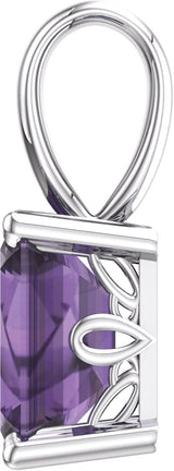 14K Gold Natural Amethyst Emerald Scroll Setting Pendant - White Gold - view 3