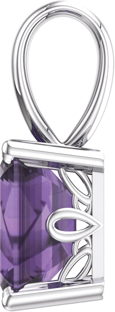 14K Gold Natural Amethyst Emerald Scroll Setting Pendant - White Gold - view 3
