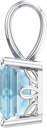 14K Gold Natural Aquamarine Emerald Scroll Setting Pendant - White Gold - view 3