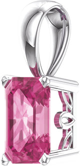 14K Gold Natural Pink Tourmaline Emerald Scroll Setting Pendant - White Gold - view 2