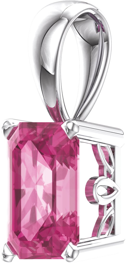 14K Gold Natural Pink Tourmaline Emerald Scroll Setting Pendant - White Gold - view 2