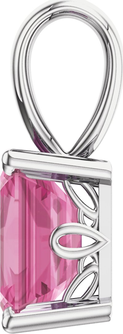 14K Gold Natural Pink Tourmaline Emerald Scroll Setting Pendant - White Gold - view 3