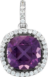 14K Gold Cushion Natural Amethyst & Natural Diamond Halo-Style Necklace or Pendant