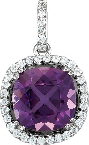 14K Gold Cushion Natural Amethyst & Natural Diamond Halo-Style Necklace or Pendant