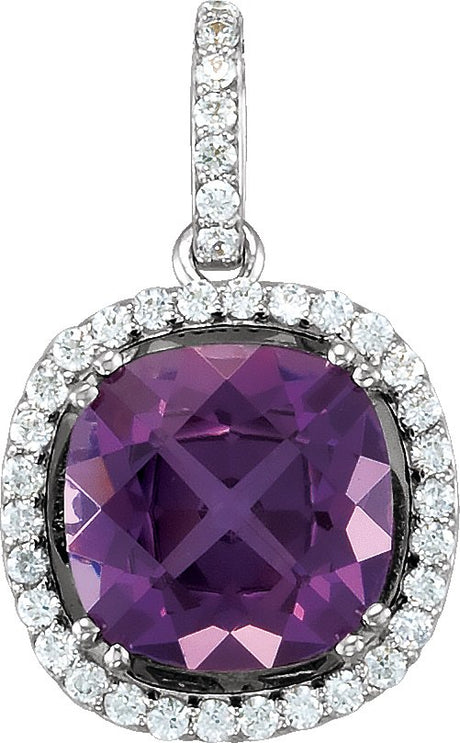 14K Gold Cushion Natural Amethyst & Natural Diamond Halo-Style Necklace or Pendant