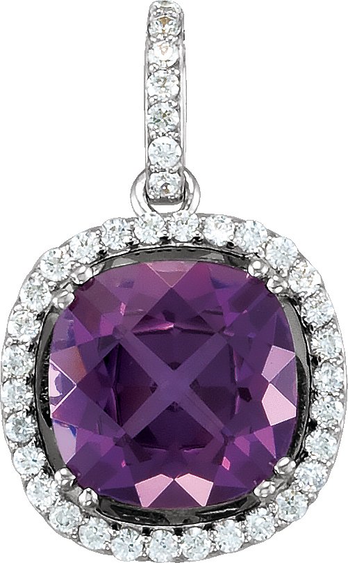 14K Gold Cushion Natural Amethyst & Natural Diamond Halo-Style Necklace or Pendant