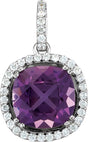14K Gold Cushion Natural Amethyst & Natural Diamond Halo-Style Necklace or Pendant