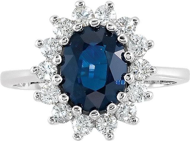 14K Gold Oval Natural Blue Sapphire & Natural Diamond Halo-Style Ring - view 3