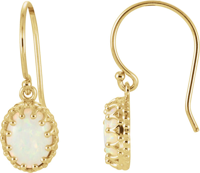 14K Gold Oval Natural White Opal Cabochon Crown Earrings - Yellow Gold