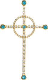 14K Gold Round Natural Swiss Blue Topaz & Natural Diamond Cross Pendant - Yellow Gold