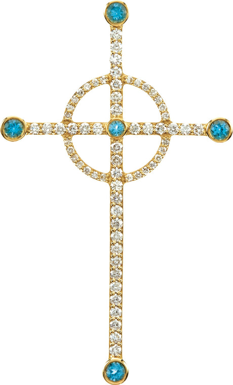 14K Gold Round Natural Swiss Blue Topaz & Natural Diamond Cross Pendant - Yellow Gold