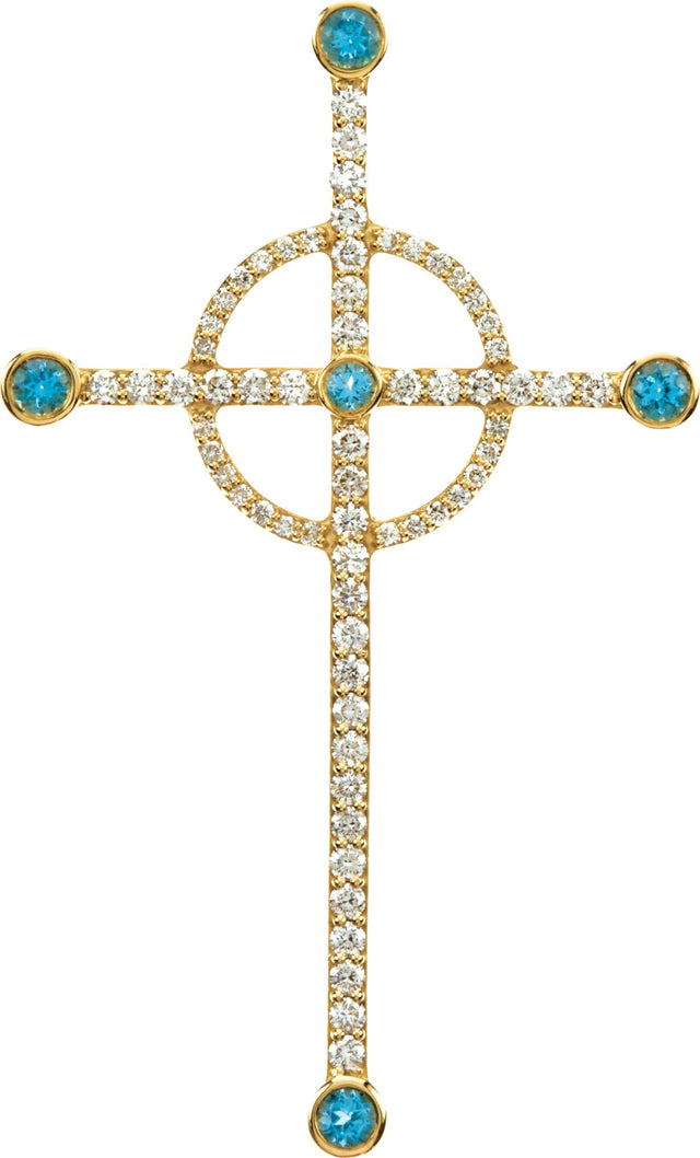 14K Gold Round Natural Swiss Blue Topaz & Natural Diamond Cross Pendant - Yellow Gold