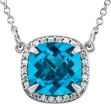 14K Gold Cushion Natural Swiss Blue Topaz & Natural Diamond Halo-Style Necklace – 8x8mm - White Gold