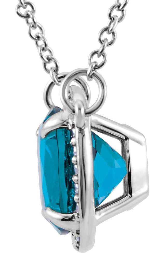 14K Gold Cushion Natural Swiss Blue Topaz & Natural Diamond Halo-Style Necklace – 8x8mm - White Gold - view 2
