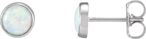 14K Gold Natural White Opal Round Bezel-Set Cabochon Earrings - White Gold