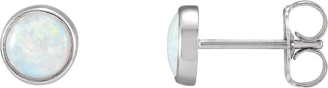 14K Gold Natural White Opal Round Bezel-Set Cabochon Earrings - White Gold