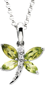14K Gold Marquise Natural Peridot & Natural Diamond Accented Dragonfly Necklace