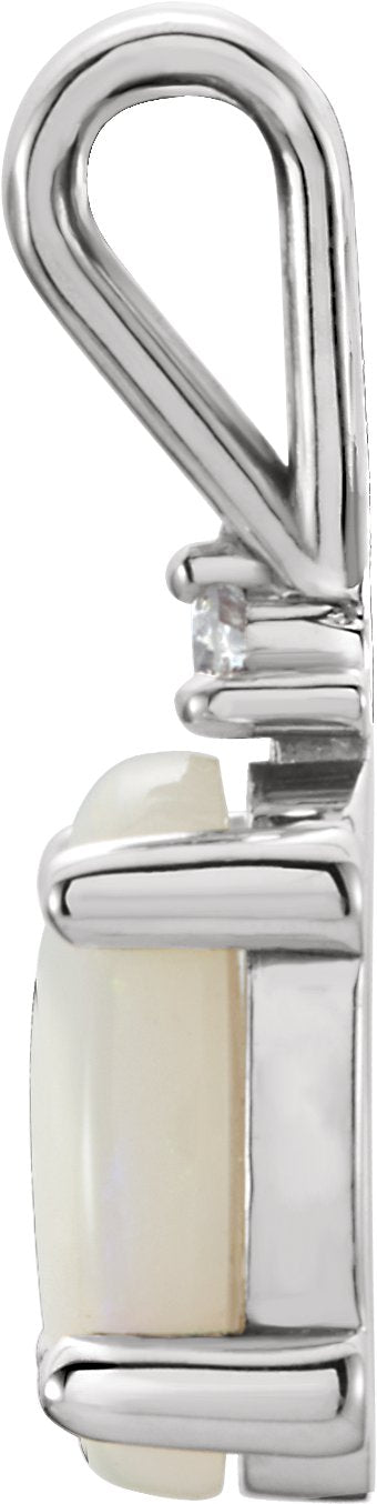 14K Gold Oval Natural White Opal & Natural Diamond Accented Cabochon Pendant - White Gold - view 2