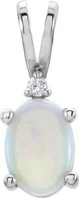 14K Gold Oval Natural White Opal & Natural Diamond Accented Cabochon Pendant - White Gold
