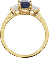 14K Gold Emerald Natural Blue Sapphire & Natural Diamond Three-Stone Ring – 7x5mm - view 2