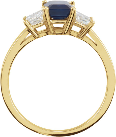 14K Gold Emerald Natural Blue Sapphire & Natural Diamond Three-Stone Ring – 7x5mm - view 2