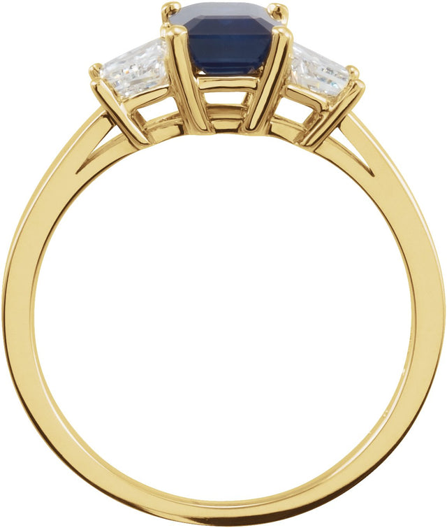 14K Gold Emerald Natural Blue Sapphire & Natural Diamond Three-Stone Ring – 7x5mm - view 2