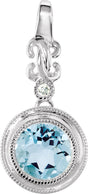 14K Gold Round Natural Aquamarine & Natural Diamond Bezel-Set Granulated Pendant