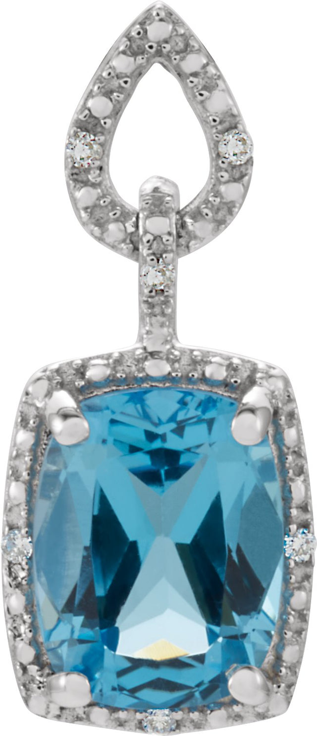 14K Gold Elongated Cushion Natural Swiss Blue Topaz & Natural Diamond Halo-Style Pendant – 0.025 CTW