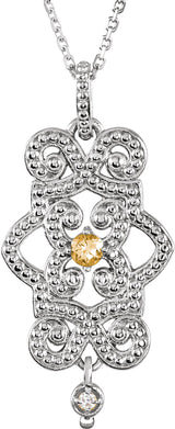 14K Gold Round Natural Citrine & Natural Diamond Granulated Necklace or Pendant