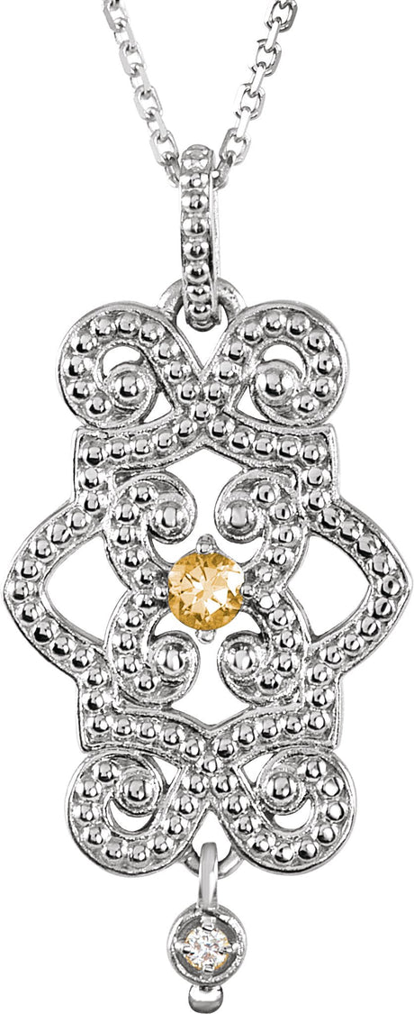 14K Gold Round Natural Citrine & Natural Diamond Granulated Necklace or Pendant